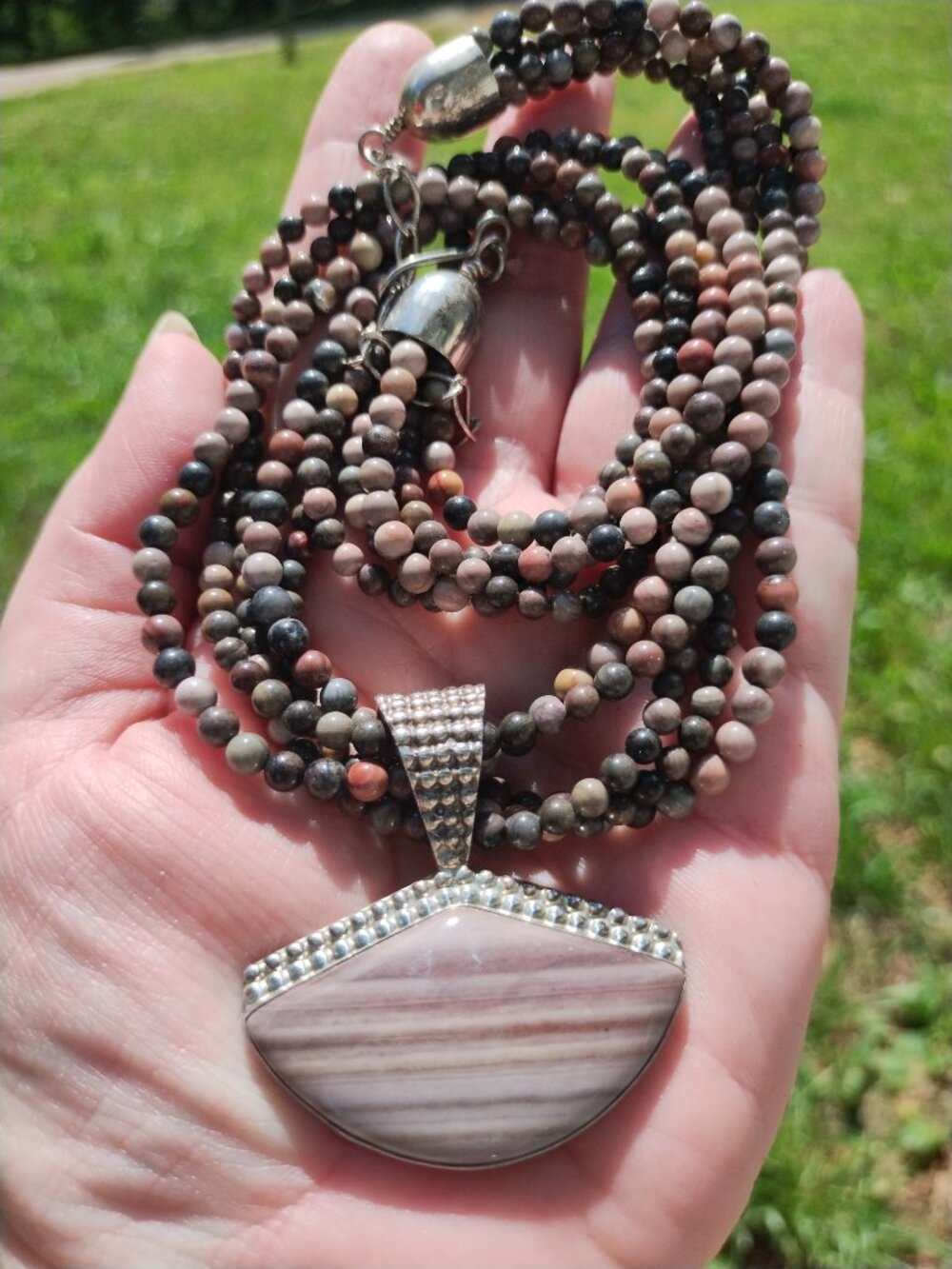 Jay King DTR 5 Strand petrified Wood necklace pendant set 925 Sterling Silver